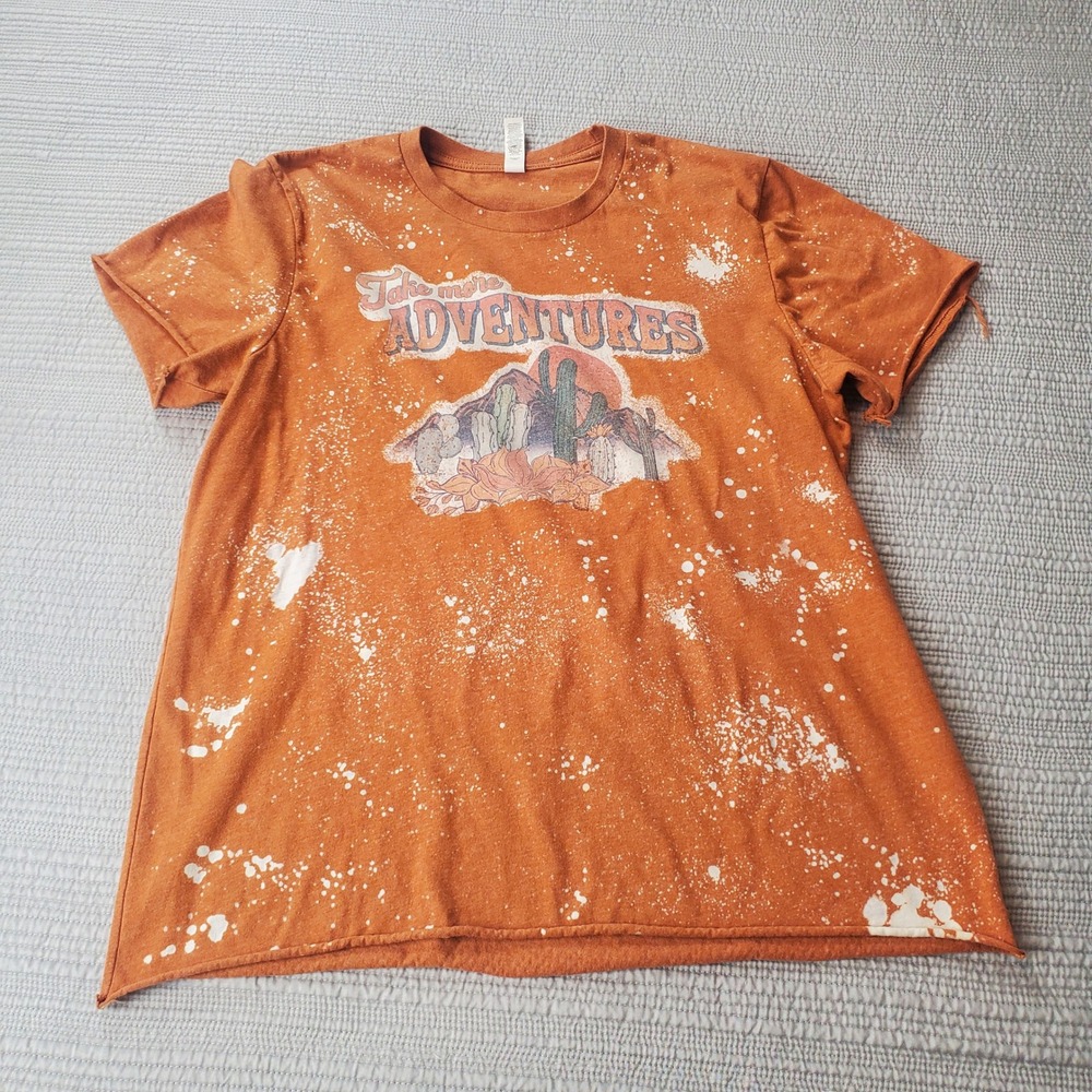Graphic Tee Unisex Large Orange Bleached Take More Adventures Bella Canvas